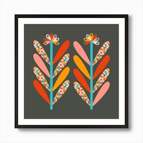 BLOOMS Mid-Century Modern Scandi Folk Floral in Vintage Retro Colours on Charcoal Brown Art Print