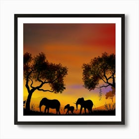 Landscape Illustration Elephants Animals Africa Sunset Eventide Night Sky Art Print