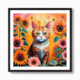 Orange Cat in Sunflower Art Print