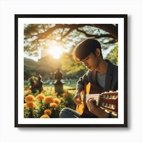 Young Man Playing Guitar In The Park Art Print