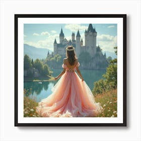 Gorgeous Woman In Watercolor Gown, Enchanting Castle Backdrop 1 Art Print