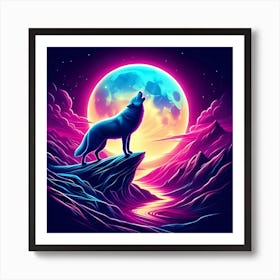 Neon Howling Wolf under moon Art Print