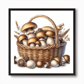 Mushrooms in a wicker basket 1 Art Print