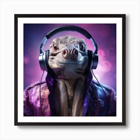 Lizard With Headphones Art Print