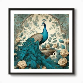 Turquoise Peacock Vintage Wallpaper With Leaves Art Print 3 Art Print