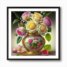 Antique fuchsia jar filled with purple roses, willow and camellia flowers 7 Art Print