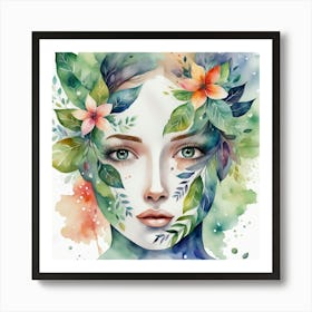 Watercolor Of A Woman With Flowers Art Print