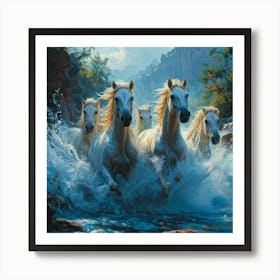 Water Horses Galloping Through A Wild Stream A Colossal Wave Rising Behind Them As Spray Cascades A Art Print