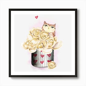 Owl With Roses 1 Art Print