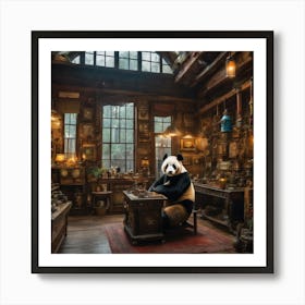 Panda in a retro repair shop Art Print