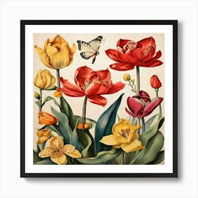 Tulips And Butterflies 5 Art Print