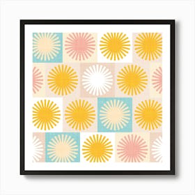 Retro Summery Sun Chequered Pastels in Aqua, Peachy Pink, Yellow Art Print