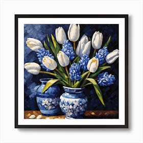 White Tulips and Blue Hyacinths in Ceramic Pot Art Print