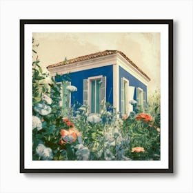 Blue House With Flowers Art Print