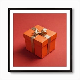 Orange Gift Box On A Plain Red Background (1) Art Print