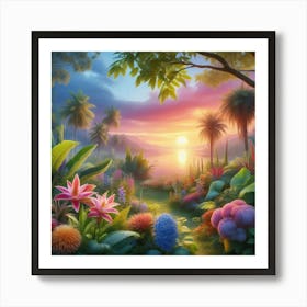 Tropical Garden At Sunset Art Print