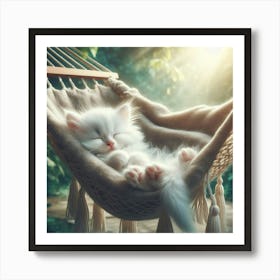 White Kitten Sleeping In Hammock Art Print