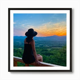 Woman In Black Hat Sitting Alone On A Wooden Balcony Overlooking A Hill Dotted Landscape Trees Al (5) Art Print