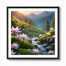 Lotus Flowers In A Mountain Stream Art Print