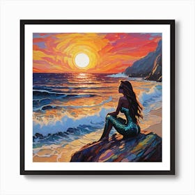 Lonely Mermaid By The Sea Sunset Art Print