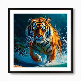 Tiger Running In The Water Art Print