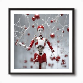 Porcelain And Hammered Matt Red Android Marionette Showing Cracked Inner Working, Tiny White Flowers Art Print