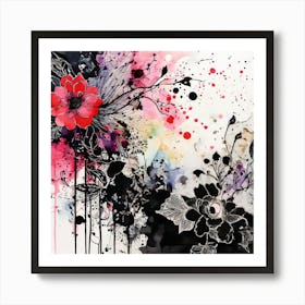 Black And Red Flowers, Abstract Floral Painting, Design An Eclectic Collage With Overlapping Layers Of Lace Watercolor Splatters And Black Art Print