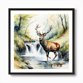 stag crossing woodland stream Art Print