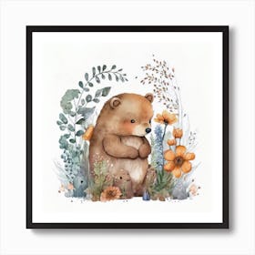 Watercolor Forest Cute Baby Bear Art Print