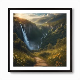 Waterfall In The Mountains Art Print