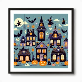 Halloween Houses At Night - Cute Vector style Illustration Art Print