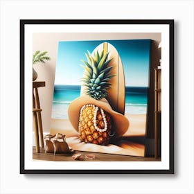 A Pineapple with Pearl Earrings and a Straw Hat Leans on a Surfboard on a Tropical Beach: A Realistic and Colorful Painting Art Print