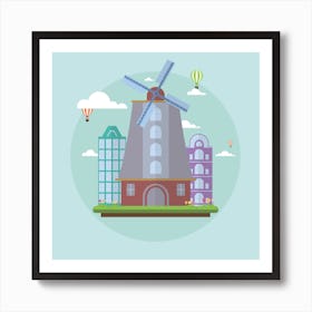 Windmill In The City Amsterdam Landmark Landscape Art Print