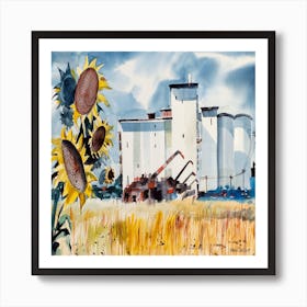 Sunflowers In Front Of Grain Silos Art Print