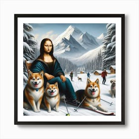 Mona Lisa Skis with the huskies Art Print