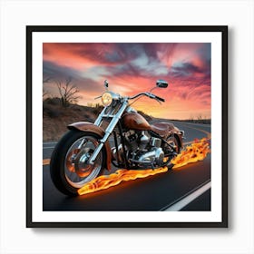 Motorcycle On Fire At Sunset Art Print