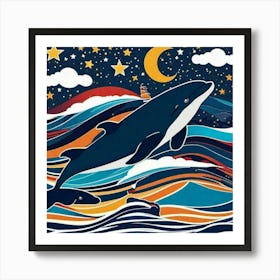 Whale jumping out of ocean Art Print