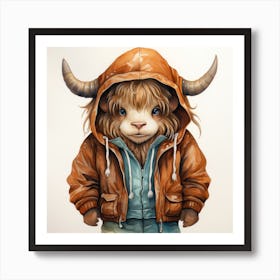 Watercolour Cartoon Yak In A Hoodie 3 Art Print