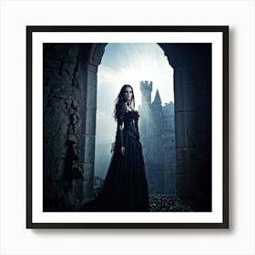 Gothic Woman Standing Before An Ancient Medieval Castle Bathed In Sunbeam Rays Sinister Ambiance D 1 Art Print