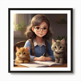 Kawaii Girl With Cats Art Print