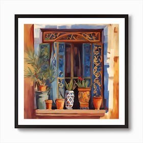 Morrocan Window With Potted Plants Art Print