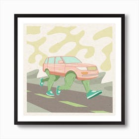 Silly Car, running, cartoon, road, illustration, wall art Art Print