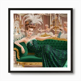 Decadent Young Woman After The Dance With Cats Green Sofa (2) Art Print