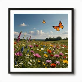 A Peaceful Meadow With Colorful Wildflowers And Butterflies Fluttering Around 2 Art Print