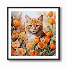 Cat In Orange Tulips 1 Póster