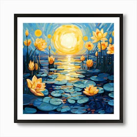 Golden Lotus Flowers, Vincent Van Gogh Inspired Art Print