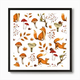 Autumn Foxes Seamless Pattern with wild flowers and yellow leaves Art Print