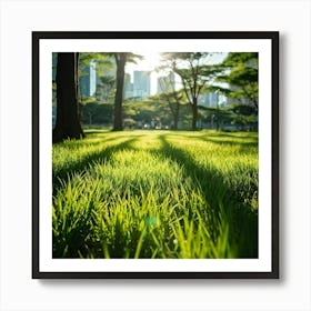 Bright Green Grass Under A Radiant Sun Swathed In Tokyo City Stands Out Against The Contrasting Sh Art Print