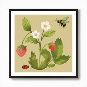 Bee flying around strawberry branch summer illustration Art Print