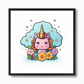 Cute Unicorn With Flowers Art Print